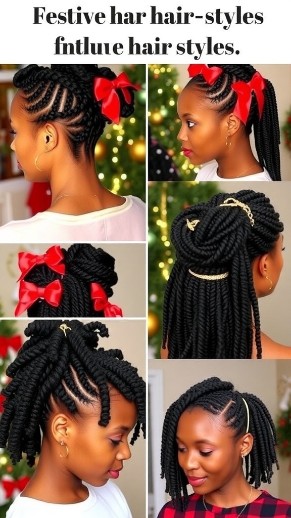 Festive Christmas Hairstyles for Locs Various Christmas hairstyles for locs including braided crowns and festive accessories.